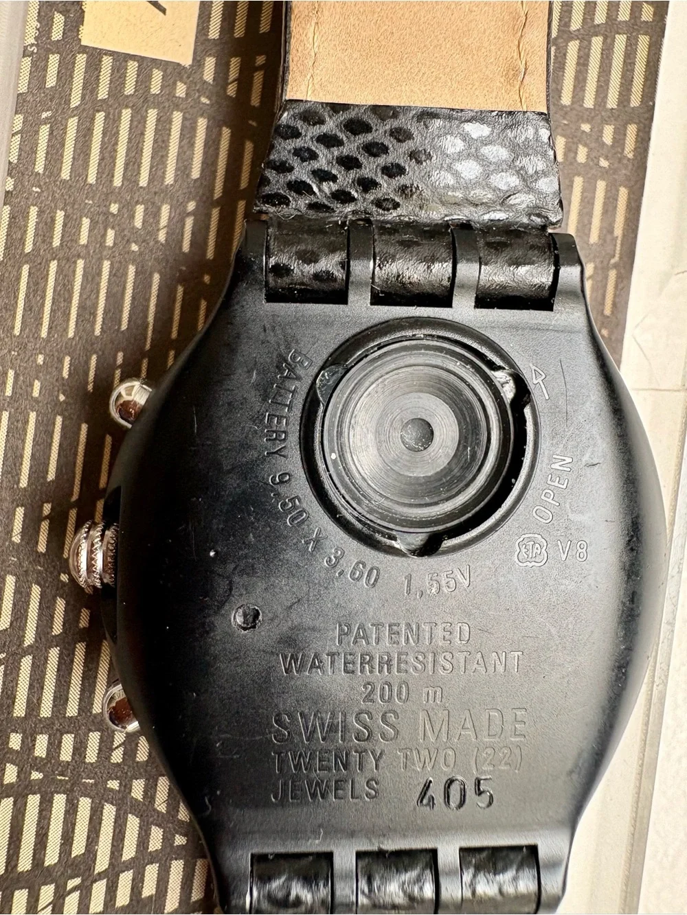 Swatch Iridescent Dial Chronograph with Black Leather Strap